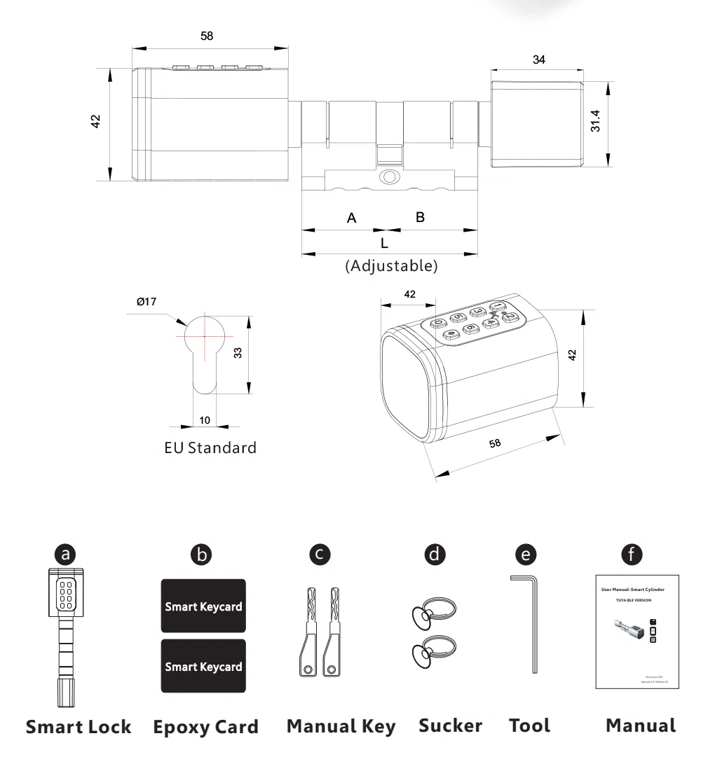 Smart Cylinder with Ttlock APP Adjustable Cylinder Size Electronic Password Smart Lock