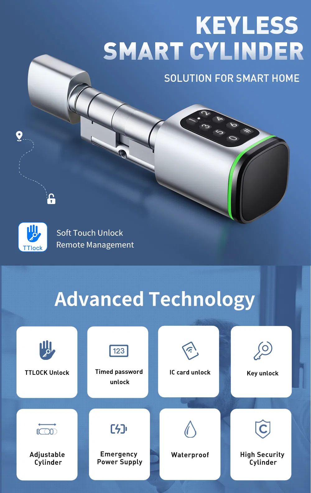 Smart Cylinder with Ttlock APP Adjustable Cylinder Size Electronic Password Smart Lock