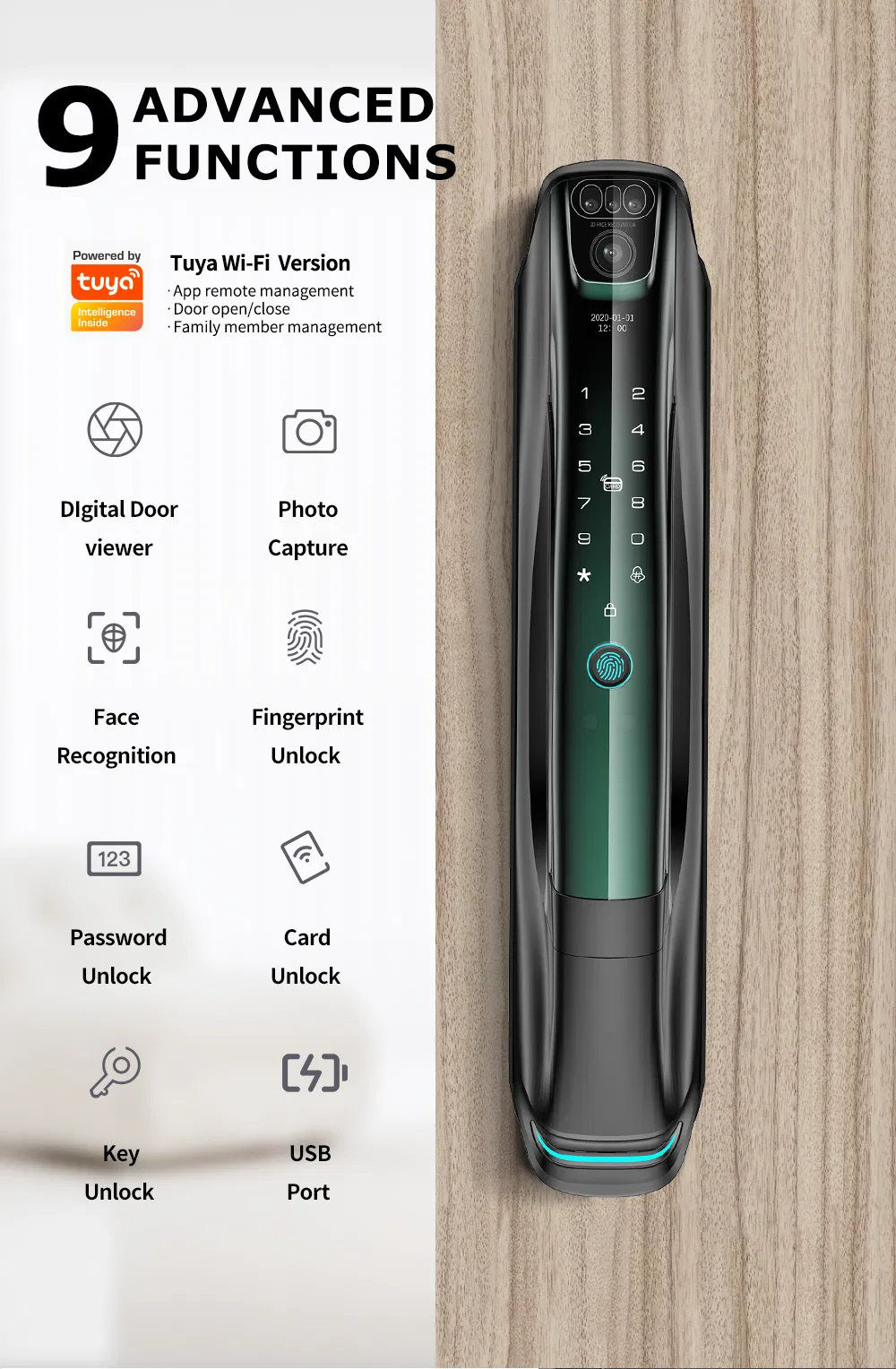 High Security Intelligent Biometric Tuya WiFi 3D Face ID Lock