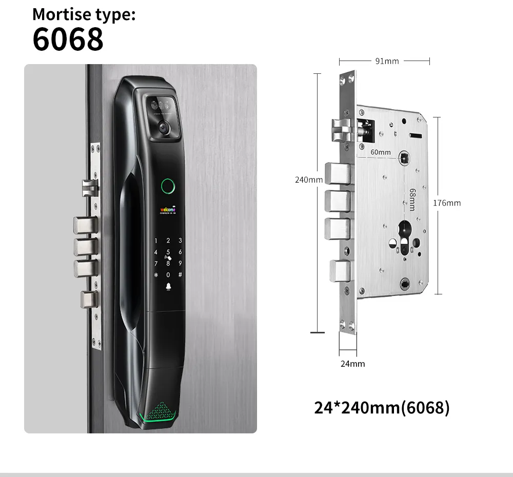 2024 New Product 6085 Mortise Luxury Matt Black Automatic 9 Languages 3D Face Recognition Smart Door Lock