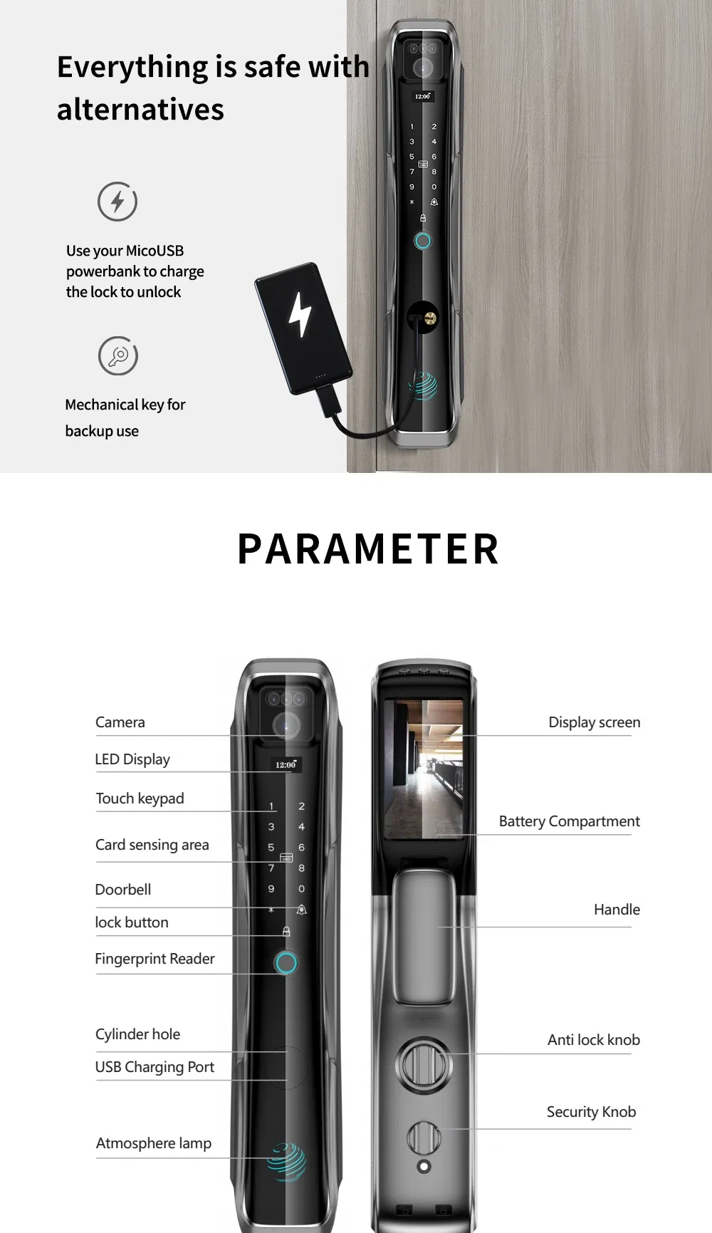 3D Face Recognition Smart Door Lock F13 Camera Auto Close Tuya APP Wi-Fi Record Video