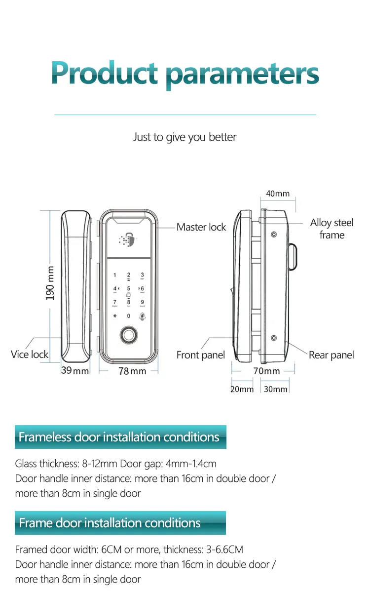 Electric Fingerprint Smart Ttlock APP Digital Glass Sliding Door Lock