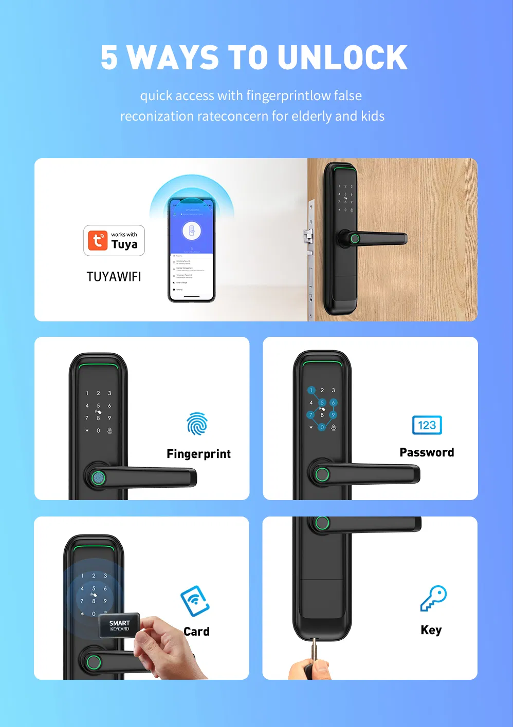 Tuya Smart Lock Fingerprint Door Lock with Touch Screen Password Electronic Locks for Hotel