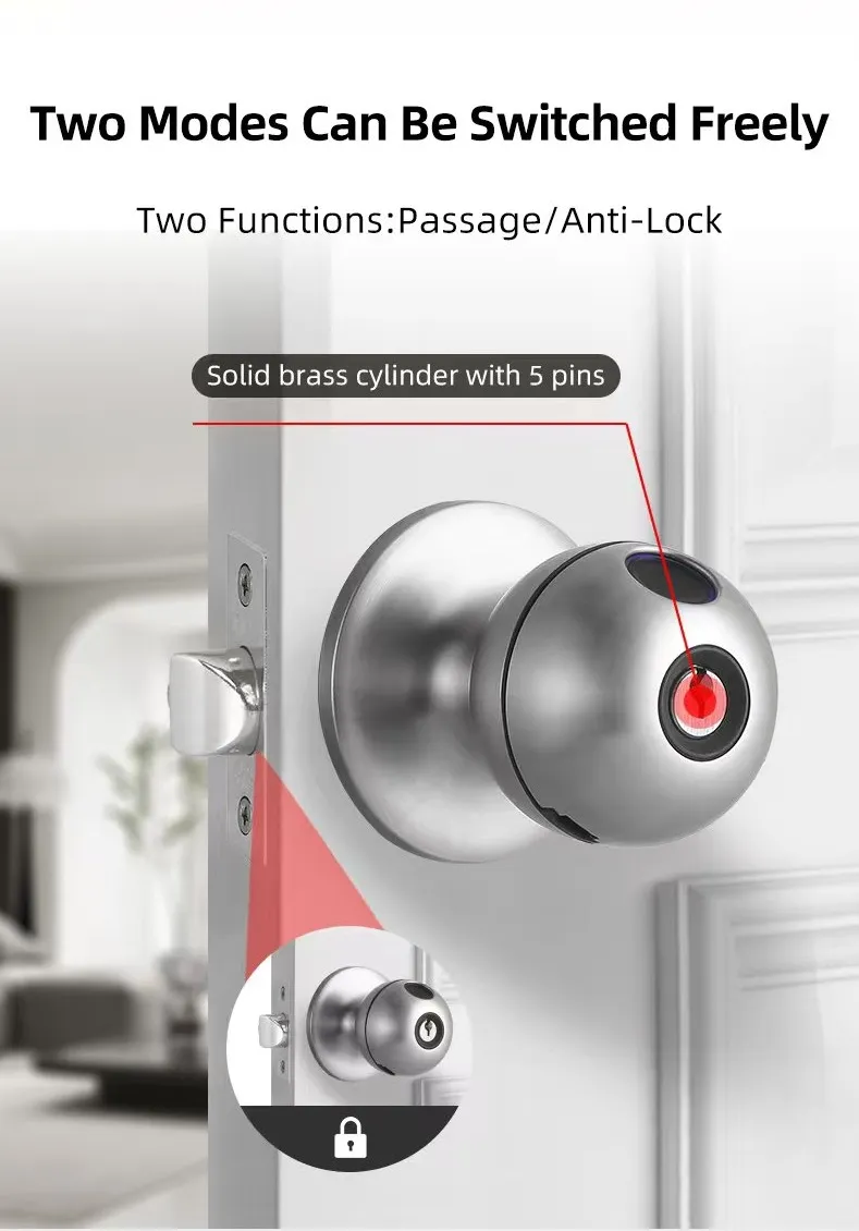 2025 New Model Tuya APP Fingerprint Digital Round Knob Ball Door Lock