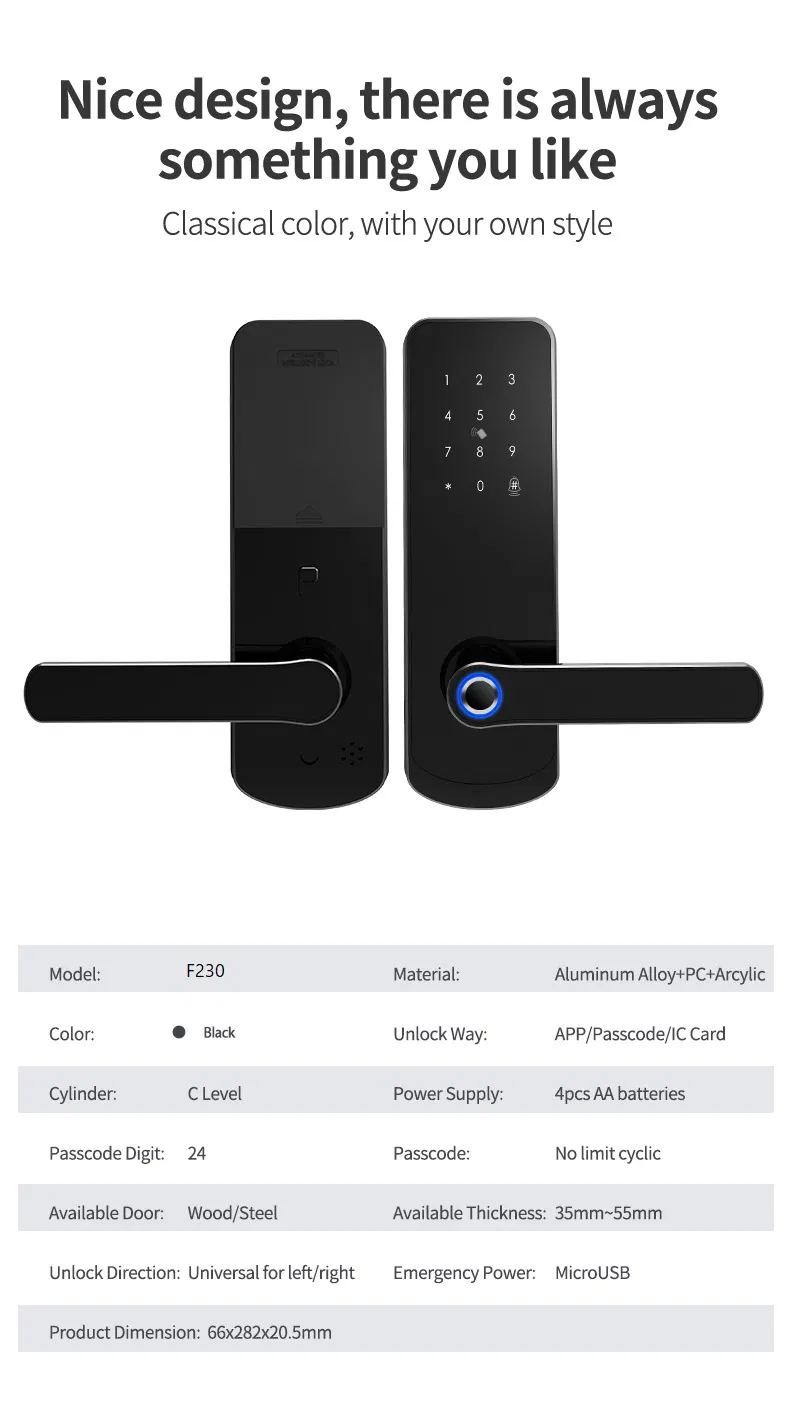 Door Handle Wireless Biometric Fingerprint Digital Cylinder WiFi Smart Door Locks
