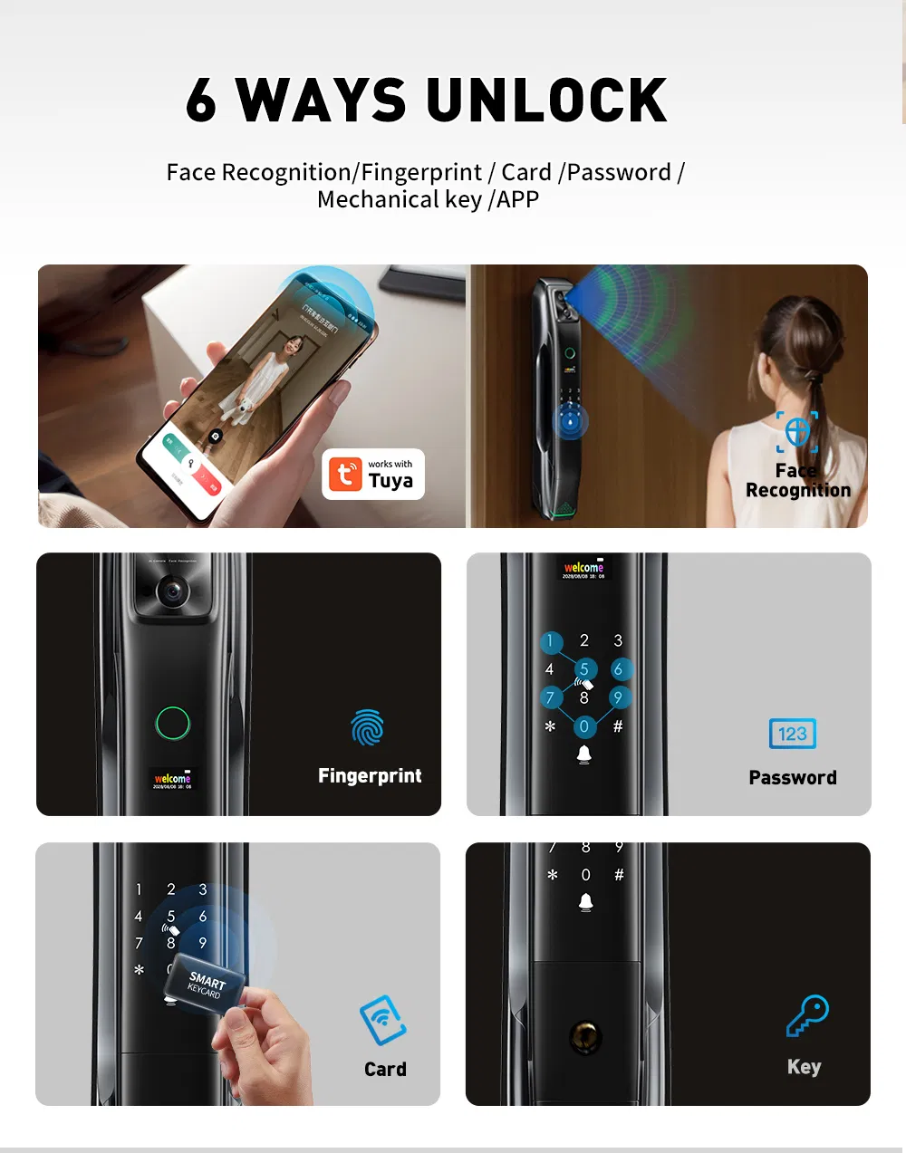 2024 New Product 6085 Mortise Luxury Matt Black Automatic 9 Languages 3D Face Recognition Smart Door Lock