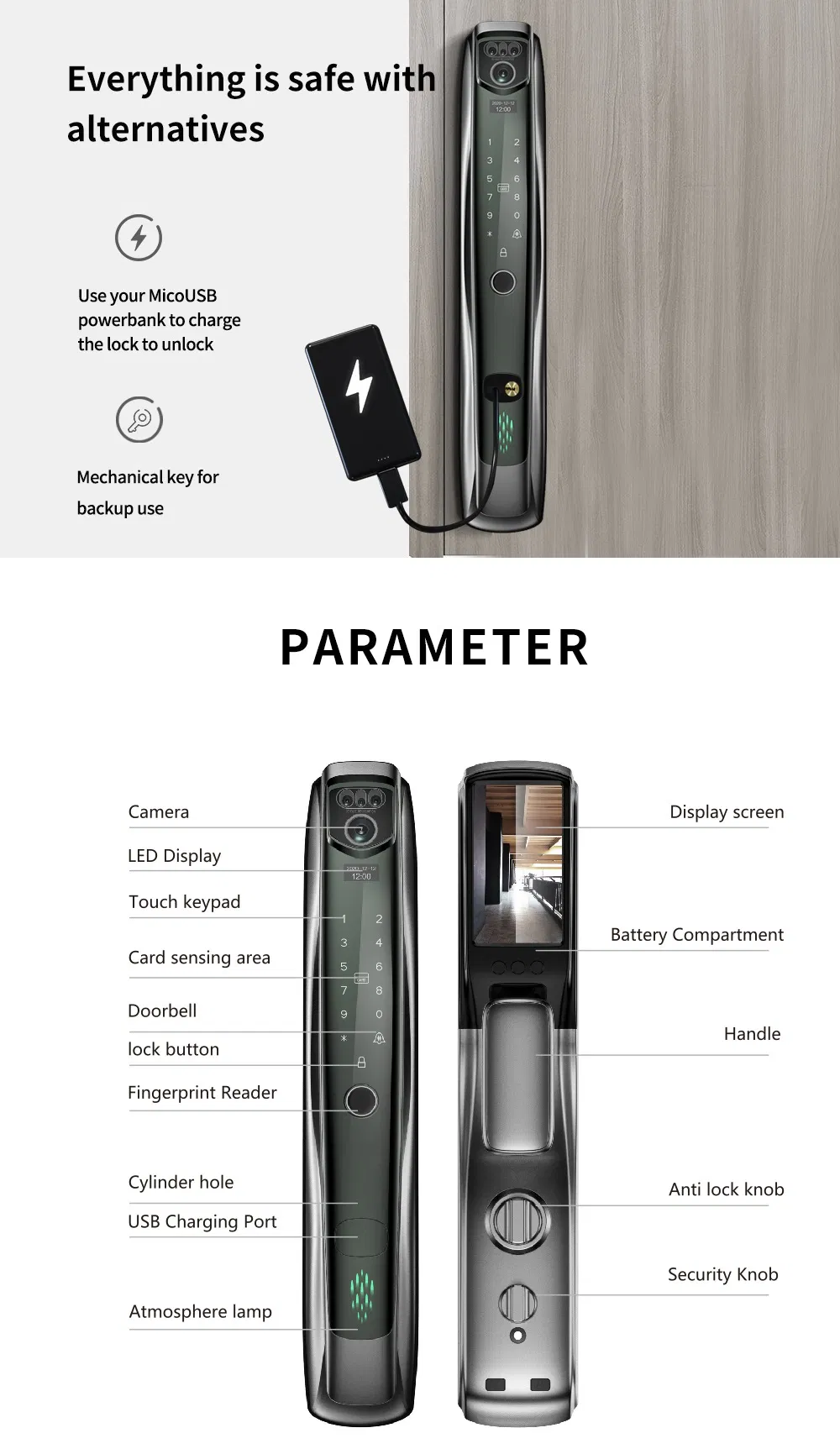 F10 3D Face Recognition Autoclose Fingerprint Digital Electronic Camera Tuya APP Wi-Fi Smart Door Lock with Eye Scanner